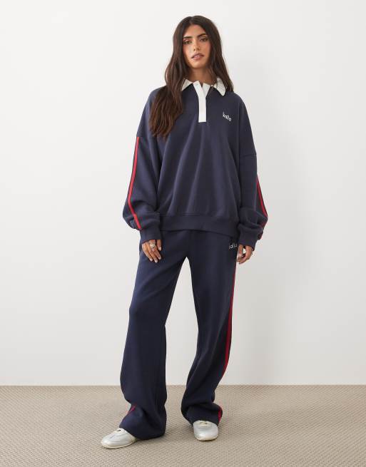 Kaiia cotton rich embroidered logo detail collared side stripe rugby sweatshirt co-ord in navy and red, 4 of 4