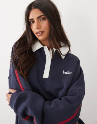 Kaiia Cotton Rich Embroidered Logo Detail Collared Side Stripe Rugby Sweatshirt In Blue