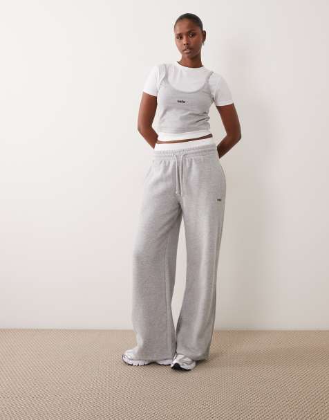 Kaiia cotton rich embroidered logo detail double waistband wide leg jogger co-ord in grey and white - view 1