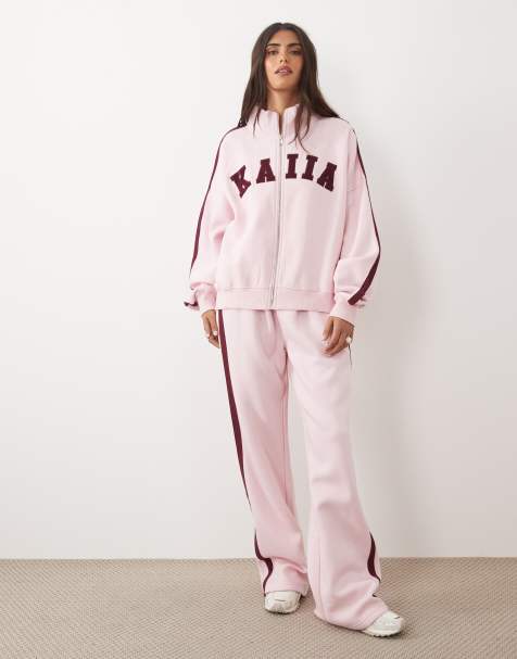 Kaiia cotton rich embroidered logo detail oversized zip through high neck sweatshirt and trackies in baby pink & burgundy - view 1