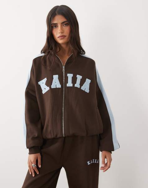 Kaiia cotton rich embroidered logo detail oversized zip through high neck sweatshirt co-ord in chocolate and baby blue - view 1