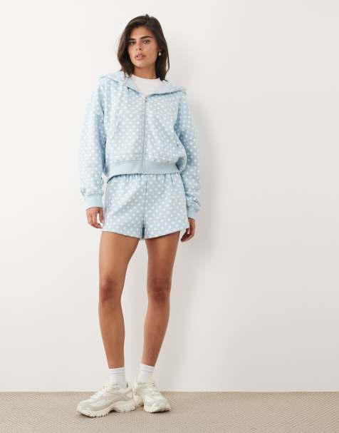 Kaiia cotton rich embroidered logo detail oversized zip through hoodie and sweat shorts set in baby blue polka dot - view 1