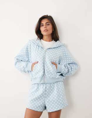 Kaiia Cotton Rich Embroidered Logo Detail Oversized Zip Up Hoodie In Blue