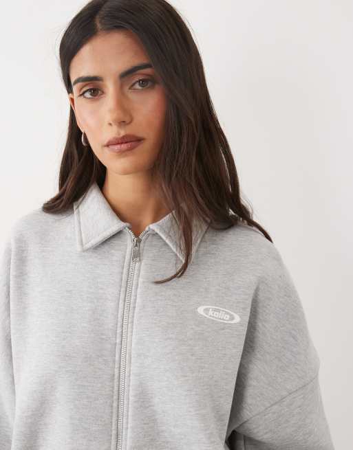 Kaiia cotton rich embroidered logo detail side stripe oversized zip through collared sweatshirt co-ord in light grey marl, 2 of 4