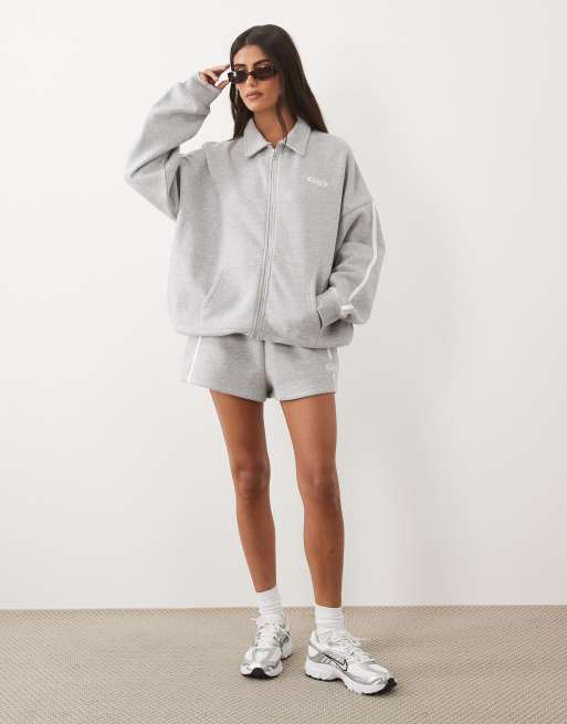 Kaiia cotton rich embroidered logo detail side stripe oversized zip through collared sweatshirt co-ord in light grey marl, 3 of 4