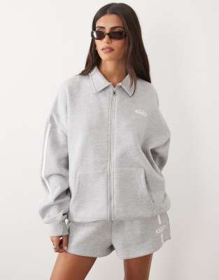 Kaiia Cotton Rich Embroidered Logo Detail Side Stripe Oversized Zip Up Collared Sweatshirt In Gray