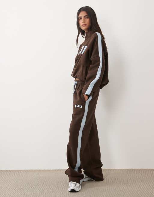 Kaiia cotton rich embroidered logo detail oversized zip through high neck sweatshirt and sweatpants in chocolate & baby blue, 3 of 3