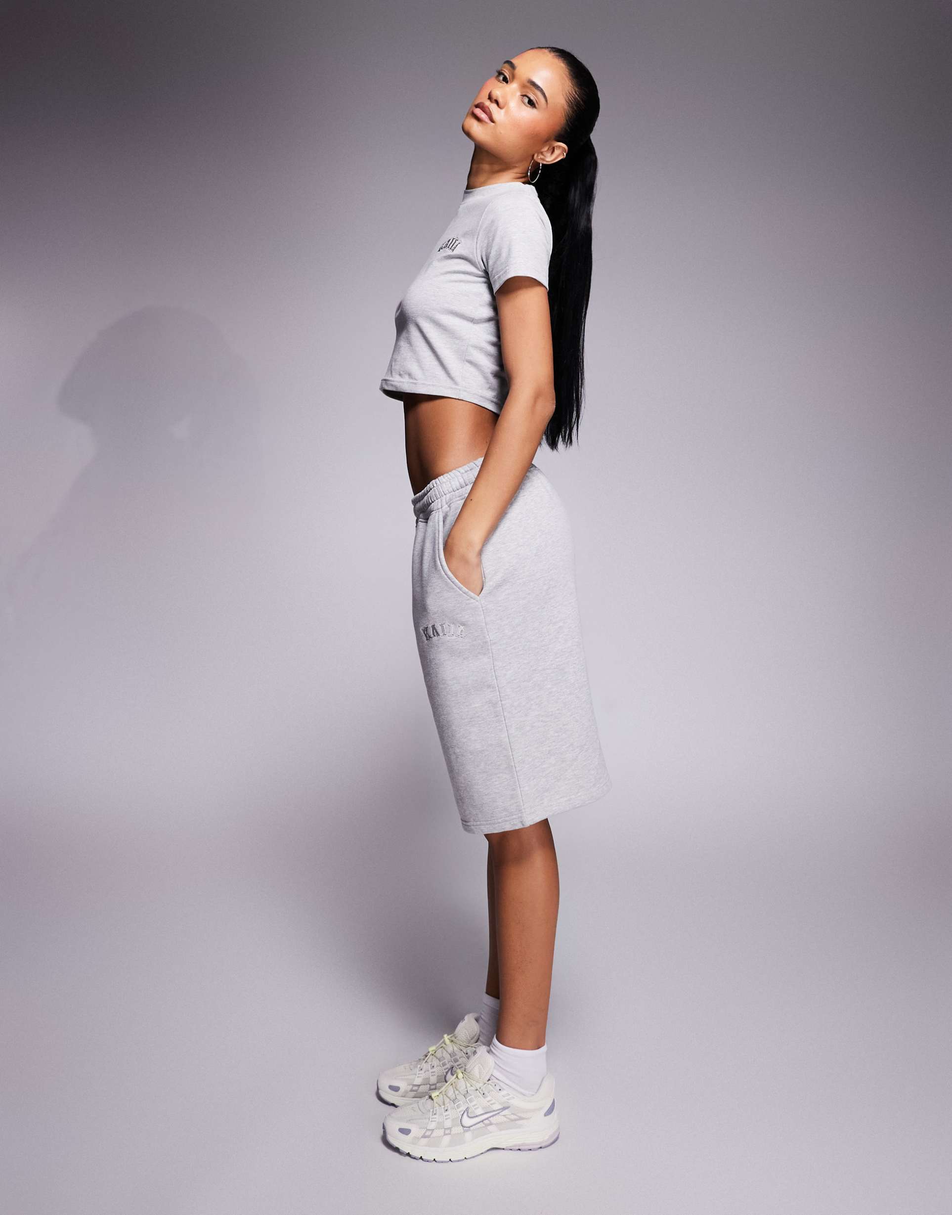 kaiia cotton rich embroidered logo longline sweat shorts in dark gray heather - part of a set