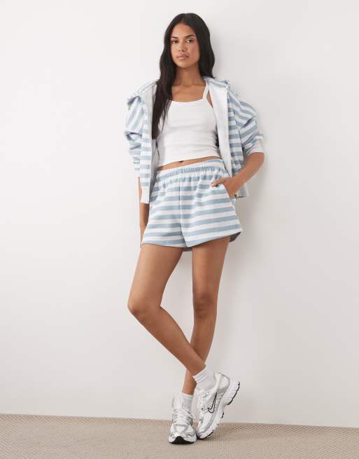 Kaiia cotton rich embroidered logo zip through hoodie and shorts co-ord in blue & white stripe, 3 of 3