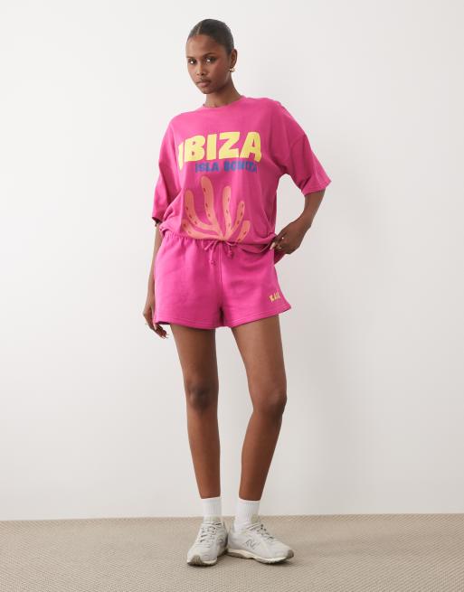 Kaiia cotton rich Ibiza graphic oversized t-shirt and sweat shorts co-ord in hot pink and orange, 3 of 3