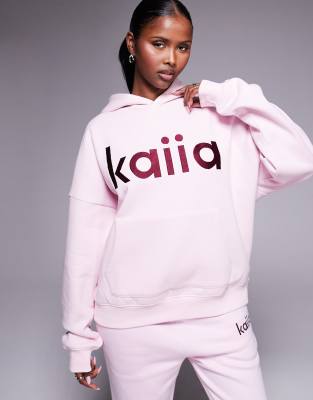 Kaiia Kaiia cotton rich embroidered logo oversized hoodie co-ord in baby pink and burgundy
