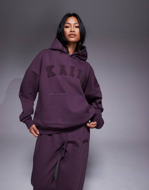 Kaiia cotton rich embroidered logo oversized hoodie co-ord in deep purple  