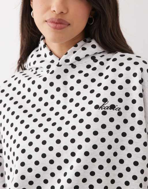Kaiia cotton rich embroidered logo oversized hoodie co-ord in grey and black polka dot, 3 of 4