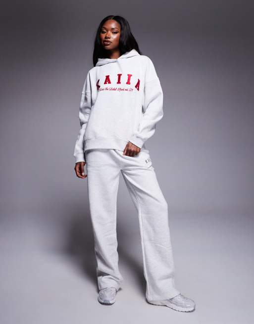 Kaiia cotton rich embroidered logo oversized hoodie co-ord in light grey marl and red  , 3 of 4