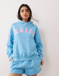 Kaiia cotton rich embroidered logo oversized hoodie co-ord in pool blue and pink