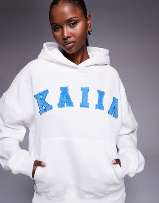 Kaiia cotton rich embroidered logo oversized hoodie and wide leg joggers co-ord in white and blue, 3 of 3