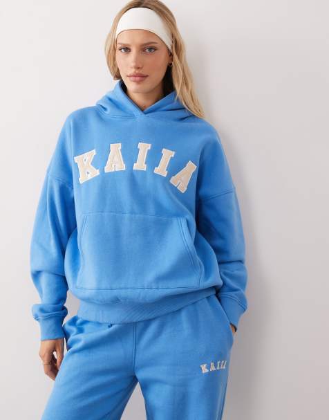 Kaiia cotton rich embroidered logo oversized hoodie in blue - part of a set - view 1