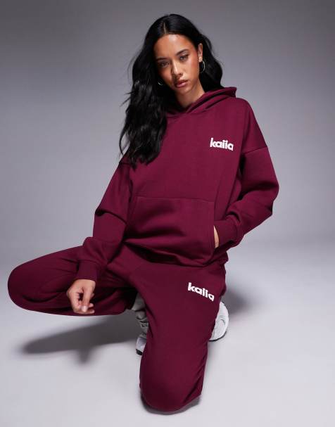 Kaiia cotton rich embroidered logo oversized hoodie in burgundy and pink (part of a set) - view 1