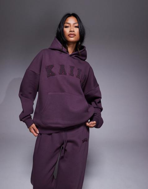 Kaiia cotton rich embroidered logo oversized hoodie in deep purple (part of a set) - view 1