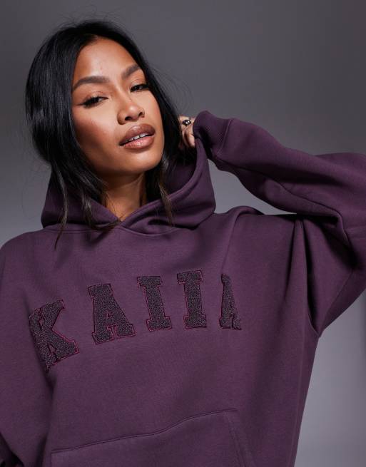 Kaiia cotton rich embroidered logo oversized hoodie in deep purple - part of a set  , 3 of 4