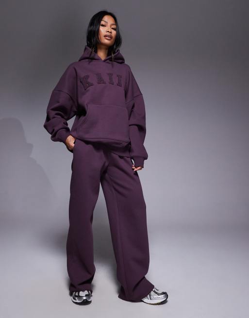 Kaiia cotton rich embroidered logo oversized hoodie in deep purple - part of a set  , 4 of 4