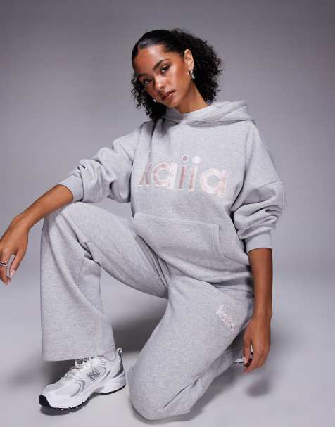 Kaiia cotton rich embroidered logo oversized hoodie in light gray and pink - part of a set - view 1