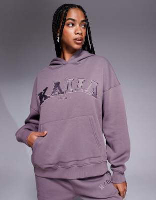 Kaiia cotton rich embroidered logo oversized hoodie in mauve - part of a set-Purple