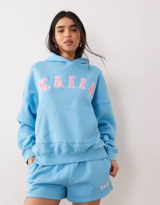 Kaiia Cotton Rich Embroidered Logo Oversized Hoodie In Blue