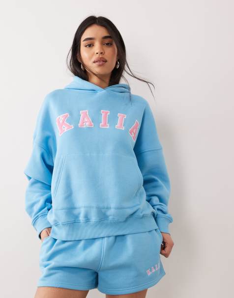 Kaiia cotton rich embroidered logo oversized hoodie in pool blue and pink - part of a set - view 1