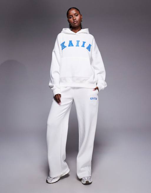 Kaiia cotton rich embroidered logo oversized hoodie in white and blue - part of a set, 2 of 4