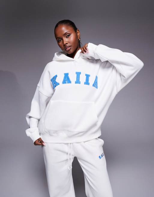 Kaiia cotton rich embroidered logo oversized hoodie in white and blue - part of a set, 3 of 4
