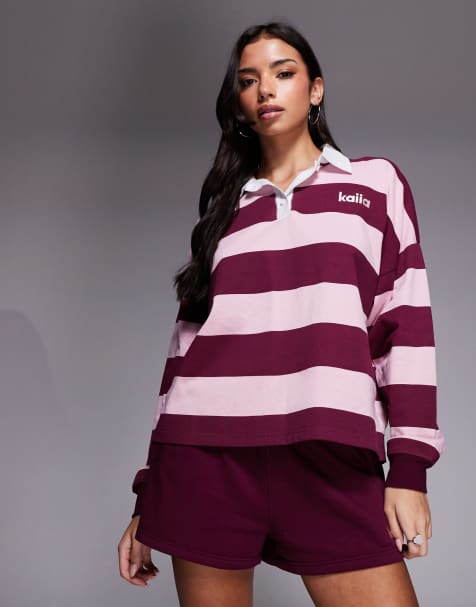 Kaiia cotton rich embroidered logo oversized rugby shirt in baby pink and burgundy stripe - part of a set - view 1