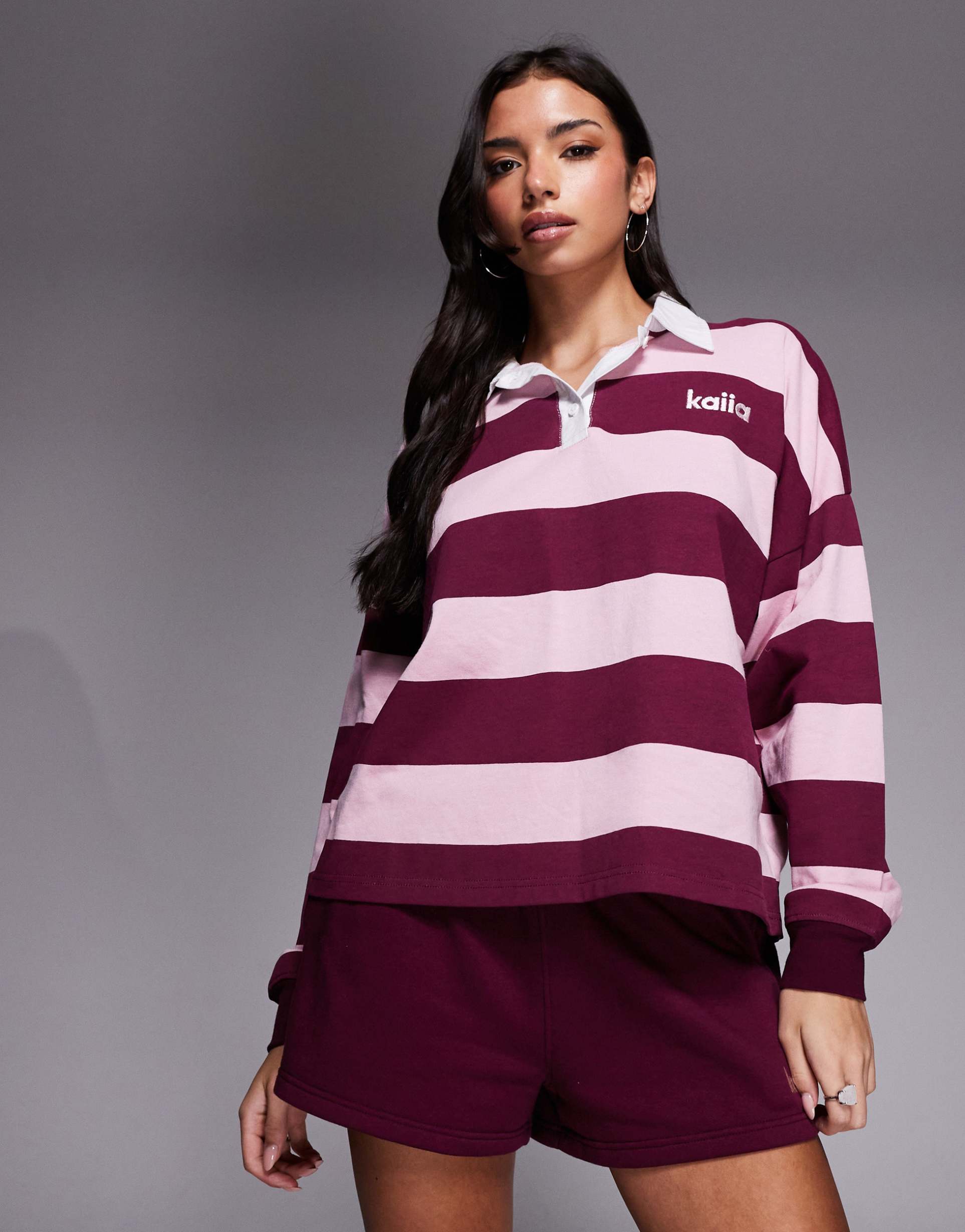 kaiia cotton rich embroidered logo oversized rugby shirt in baby pink and burgundy stripe - part of a set