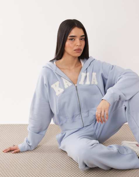 Kaiia cotton rich embroidered logo oversized zip through hoodie in baby blue and white (part of a set) - view 1