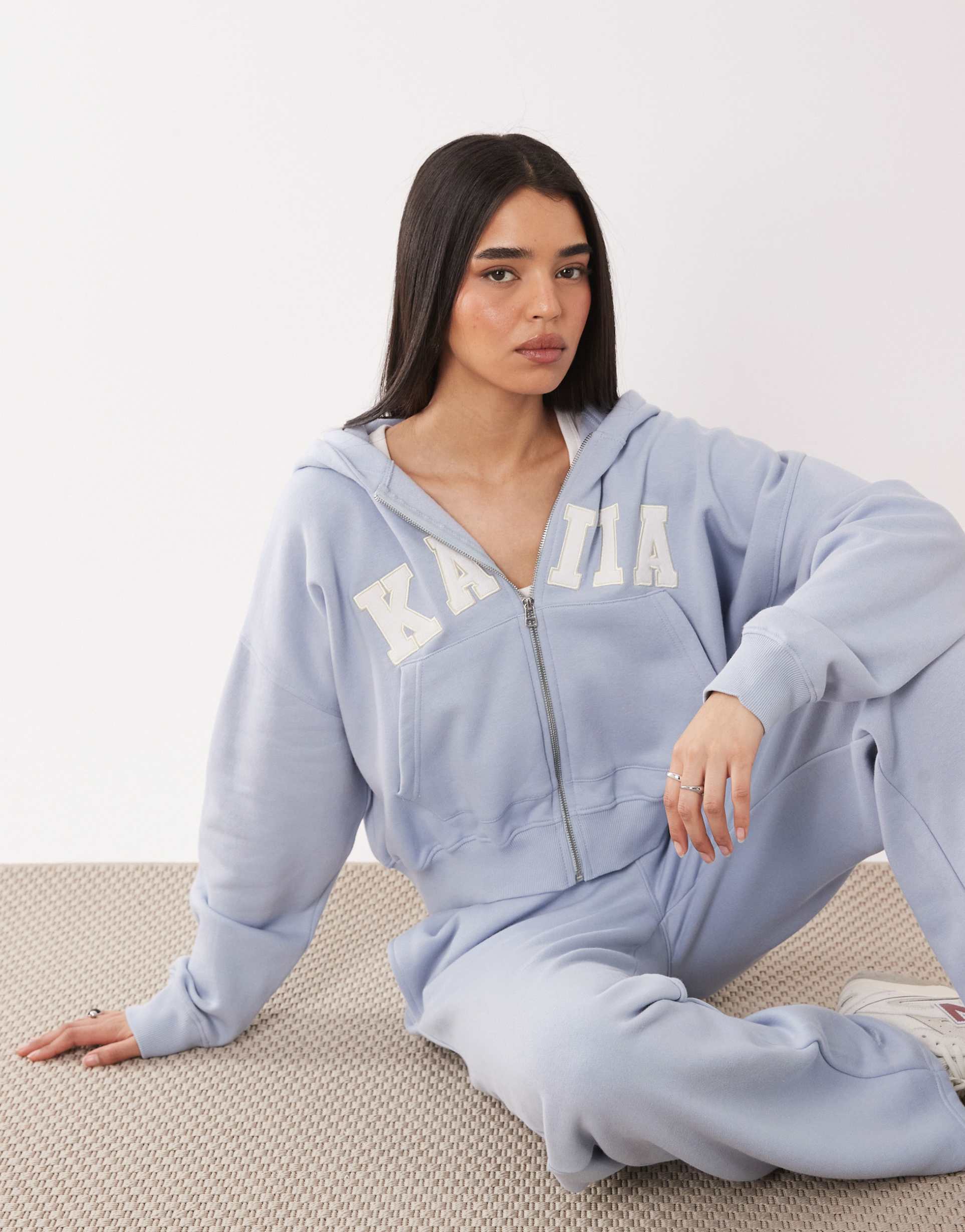 kaiia cotton rich embroidered logo oversized zip up hoodie in baby blue and white - part of a set