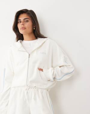 Kaiia cotton rich embroidered logo oversized zip up side stripe towelling hoodie co-ord in white and baby blue