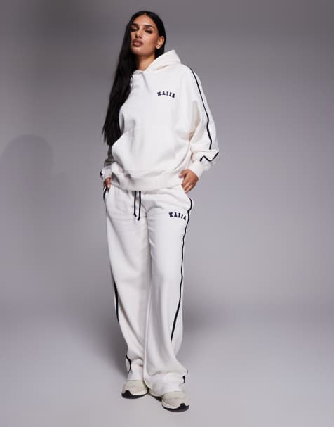 Kaiia cotton rich embroidered logo side stripe oversized hoodie and sweatpants in cream and navy - view 1
