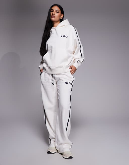 Kaiia cotton rich embroidered logo side stripe oversized hoodie co-ord in cream and navy, 3 of 4