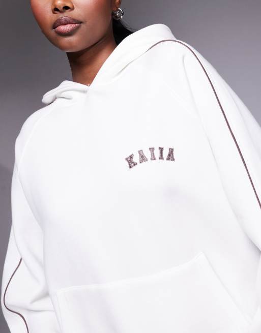 Kaiia cotton rich embroidered logo side stripe oversized hoodie co-ord in white  , 4 of 4