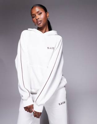 Kaiia cotton rich embroidered logo side stripe oversized hoodie in white - part of a set-Multi