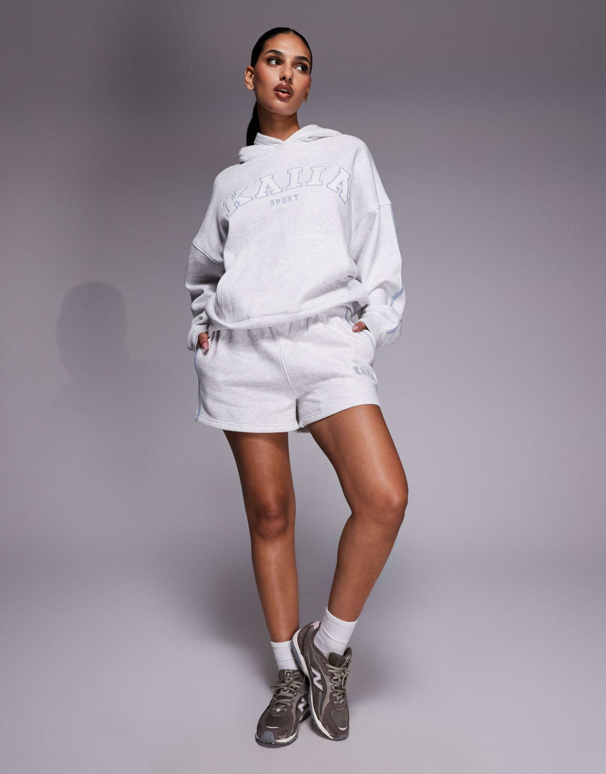 kaiia cotton rich embroidered logo side stripe sweat shorts in light gray heather and blue - part of a set