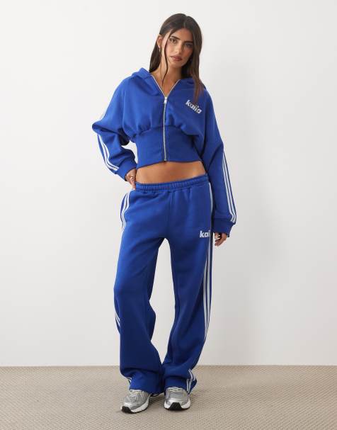 Kaiia cotton rich embroidered logo side stripe wide leg joggers co-ord in cobalt blue - view 1