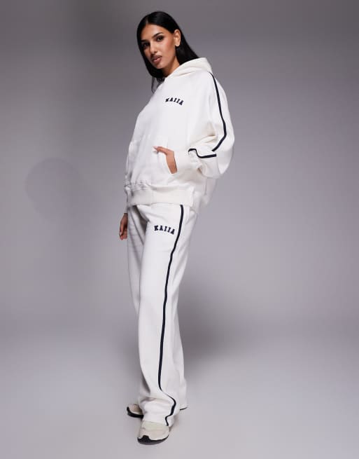 Kaiia cotton rich embroidered logo side stripe oversized hoodie and sweatpants in cream and navy, 2 of 3