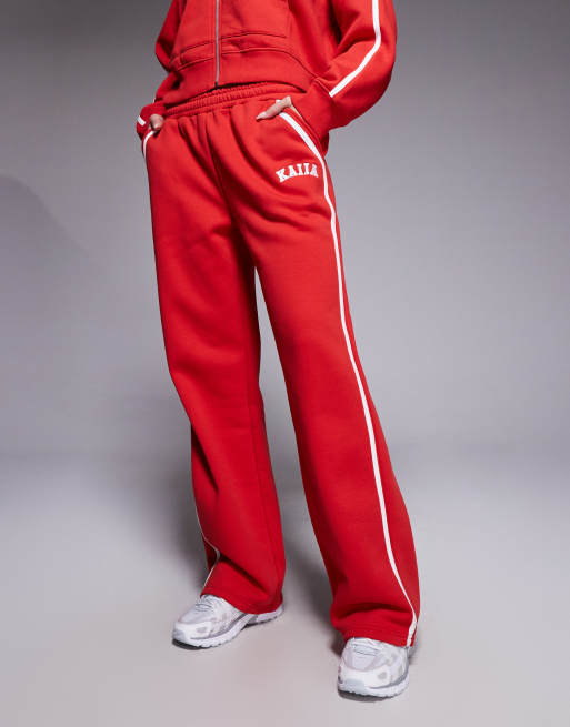 Kaiia cotton rich embroidered logo side stripe wide leg sweatpants in red - part of a set, 2 of 5