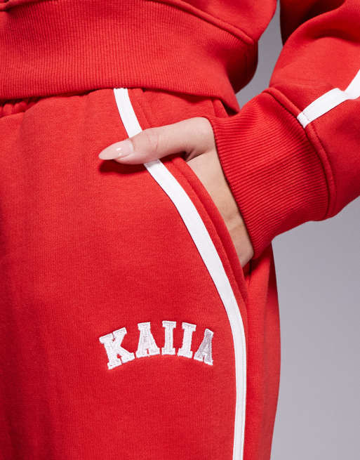 Kaiia cotton rich embroidered logo side stripe wide leg sweatpants in red - part of a set, 5 of 5