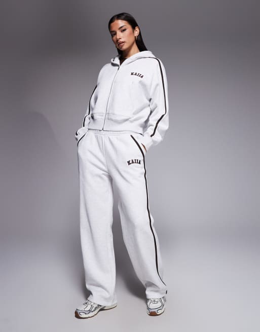 Kaiia cotton-rich embroidered logo side stripe zip-through hoodie and trackies set in light grey, 2 of 3