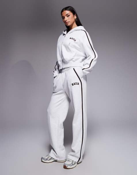 Kaiia cotton rich embroidered logo side stripe zip through hoodie and joggers co-ord in light grey - view 1