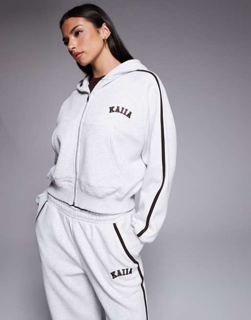 Kaiia cotton-rich embroidered logo side stripe zip-through hoodie and trackies set in light grey, 3 of 3