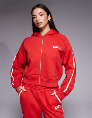 Kaiia Cotton Rich Embroidered Logo Side Stripe Zip Up Hoodie In Red