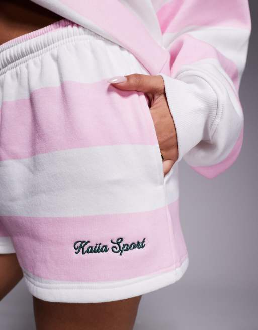 Kaiia cotton rich embroidered logo sweat shorts co-ord in pink and white stripe, 3 of 5